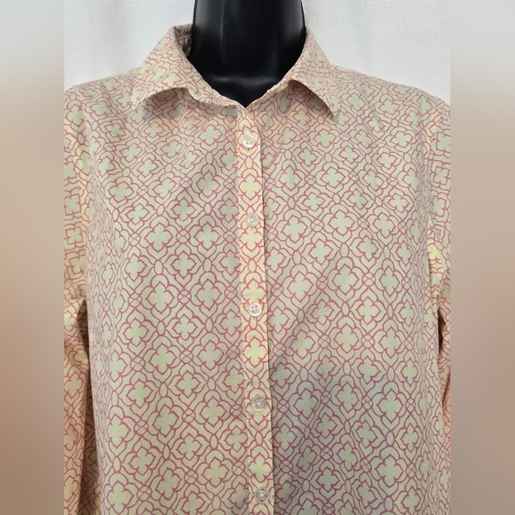 Lands' End Blouse - Pink Pale Yellow Pattern Baumwolle No Iron Supima Size 12 P - Picture 5 of 12